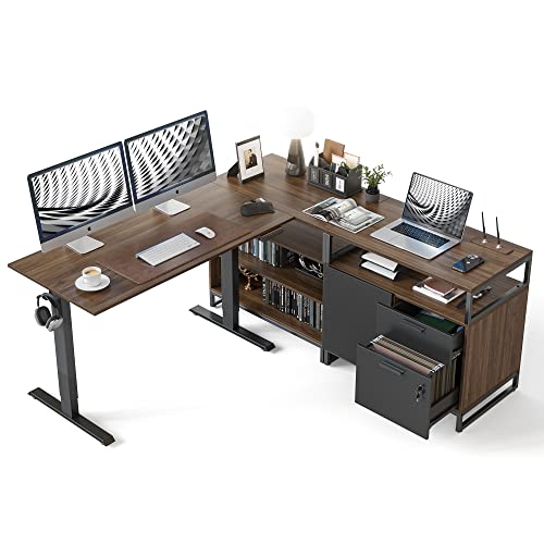 FEZIBO 66 Inch L Shaped Standing Desk with Drawers & Shelves, Executive Table Adjustable Height, Black Walnut Top/Black Frame FEZIBO