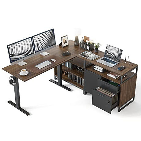 FEZIBO 66 Inch L Shaped Standing Desk with Drawers & Shelves, Executive Table Adjustable Height, Black Walnut Top/Black Frame FEZIBO