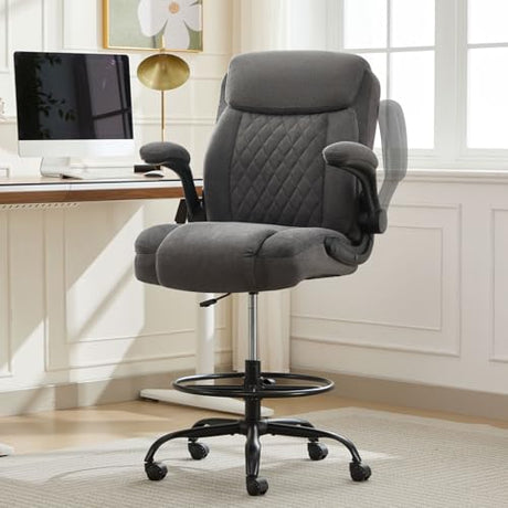 MAHOMICO Drafting Chair for Standing Desk – Tall Office Chair with Adjustable Height & Foot Ring, Flip-Up Arms, Lumbar Support – Comfortable Fabric Seat, Ideal Home Desk Chair MAHOMICO