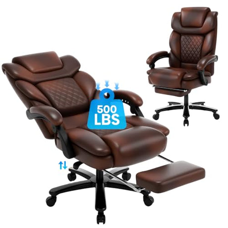 Comermax Heavy Duty Leather Office Chair with Footrest, Wide Seat Big Tall Reclining Office Desk Chair for 500lbs Heavy People, Brown Comermax