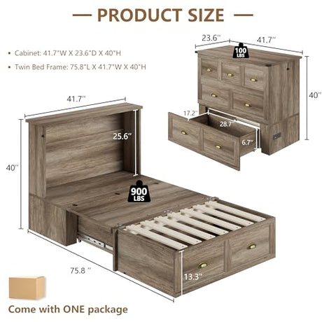 AMERLIFE Twin Size Murphy Bed, Farmhouse Wooden Cabinet with Charging Station and Storage Drawer for Bedroom/Office/Guest Room, Grey Oak AMERLIFE