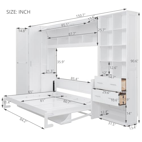 SOFTSEA Queen Size Horizontal Murphy Bed with Desk, Folding Murphy Bed Cabinet with Storage Wardrobe Drawers and Shelves, Hidden Wall Bed Frame for Guest Room, Bedroom, Office, White SOFTSEA