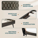 Oliver Queen Size Bed Frame - 15-Inch Mid Century Design with Rattan Headboard, Bohemian Style, No Box Spring Needed, Easy Assembly in Caramel Bme