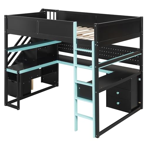 LUMISOL Full Size Gaming Loft Bed with Desk & Stairs, Solid Wood Loft Bed with Shelves & Pegboard, Black+Blue LUMISOL