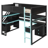 LUMISOL Full Size Gaming Loft Bed with Desk & Stairs, Solid Wood Loft Bed with Shelves & Pegboard, Black+Blue LUMISOL