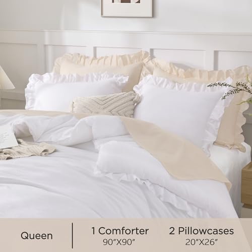 Andency White Comforter Queen Size, 3 Pieces Ruffle Shabby Chic Farmhouse Queen Comforter Sets, All Season Lightweight Fluffy Room Decor Bed Set for Girls Women Teens Gift Choice Andency