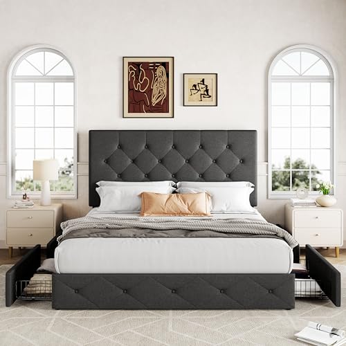 Allewie Upholstered Full Size Platform Bed Frame with 4 Storage Drawers and Headboard, Diamond Stitched Button Tufted, Mattress Foundation with Wooden Slats Support, No Box Spring Needed, Dark Grey Allewie