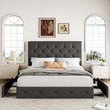 Allewie Upholstered Full Size Platform Bed Frame with 4 Storage Drawers and Headboard, Diamond Stitched Button Tufted, Mattress Foundation with Wooden Slats Support, No Box Spring Needed, Dark Grey Allewie