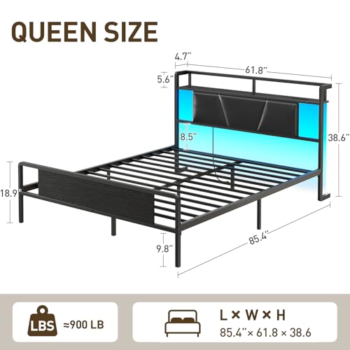 RALGEND Queen Bed Frame with Headboard, LED Upholstered Bed Frame with Charging Station, Metal Platform Bed with Under Bed Storage, No Box Spring Needed, Noise Free, Easy Assembly, Black RALGEND