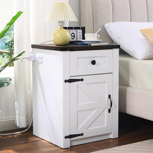 SOOWERY Nightstands Set of 2, Nightstand with Charging Station, Farmhouse End Table with Barn Door and Drawer, Rustic Wood Sofa Side Table for Bedroom, Living Room, White