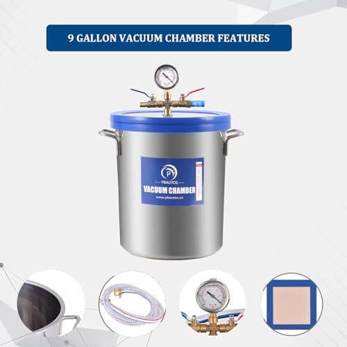 P PBAUTOS 9 Gallon Vacuum Chamber with Two Rubber Seals, Tempered Glass Lid Stainless Steel Degassing Chamber, for Resin Casting, Degassing Silicones and Essential Oils, Perfect for Stabilizing Wood P PBAUTOS