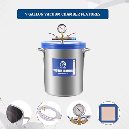 P PBAUTOS 9 Gallon Vacuum Chamber with Two Rubber Seals, Tempered Glass Lid Stainless Steel Degassing Chamber, for Resin Casting, Degassing Silicones and Essential Oils, Perfect for Stabilizi - WoodArtSupply