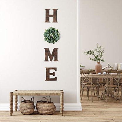 Yoleshy Wooden Home Sign with Artificial Eucalyptus Wreath for O, 9.8'' Home Letters With Wreath For Wall Hanging Decor, Rustic Wall Letters Decor For Living Room, Entry Way, Kitchen, Etc (Brown)