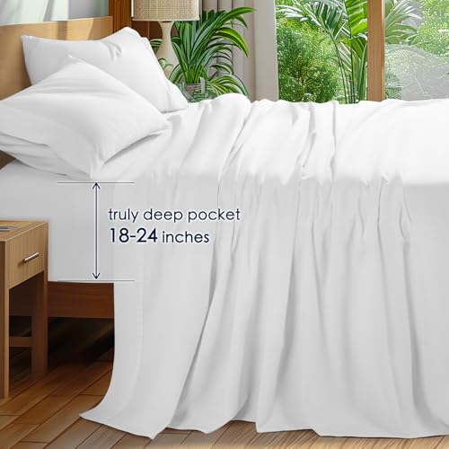 Shilucheng 100% Cotton Sheets Set - 600 Thread Count, Extra Deep Pocket Sheets Fits 18"-24" Thick Mattress, Breathable & Cooling, Luxury Egyptian Cotton Bed Sheets 4 Piece (Queen,White) Shilucheng