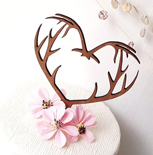 Cake Topper, Heart Topper, Wedding Antlers Cake Topper, Deer Antlers Cake Topper, Wooden Cake Topper, Rustic Topper, Custom Sign Gift, Personalized Cake Topper, for Wedding, Anniversary Decor - WoodArtSupply