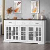 Gyfimoie 63" Sideboard Buffet Cabinet with Glass Doors, Farmhouse Large Buffet Table with 3 Storage Drawers, Modern Coffee Bar Wine Bar Cabinet with Adjustable Shelves for Kitchen, Dining Room, White Gyfimoie