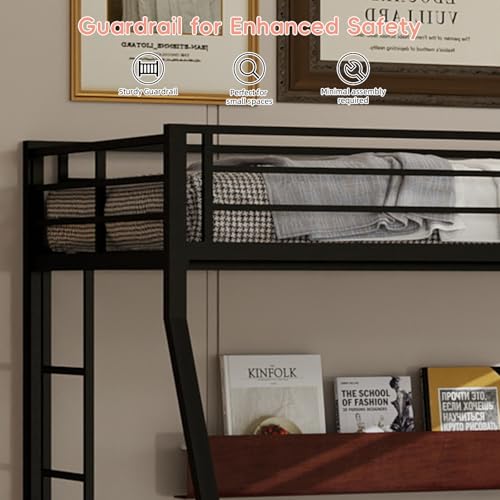 AiHMEi Twin XL Over Queen Bunk Bed with Trundle, Heavy Duty Metal Bunk Bed Frame with 2 Ladders and Full-Length Guardrail, Space-Saving Bunk Beds for Kids Teens Adults, No Box Spring Needed, Black AiHMEi