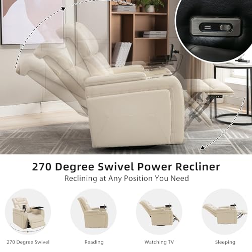 270 Degree Swivel PU Leather Power Recliner Individual Seat Home Theater Recliner with Comforable Backrest, Tray Table, Phone Holder, Cup Holder, USB Port, Hidden Arm Storage for Living Room, White