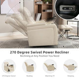 270 Degree Swivel PU Leather Power Recliner Individual Seat Home Theater Recliner with Comforable Backrest, Tray Table, Phone Holder, Cup Holder, USB Port, Hidden Arm Storage for Living Room, White