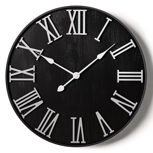Large Wall Clock 24" Round - Silent Metal & Wood Large Clock - Farmhouse Wall Clock Large - 24 Inch Wall Clock For Living Room Decor - Big Wall Clock Roman Numerals - Wall Clocks For Living Room Decor HB Design Co.