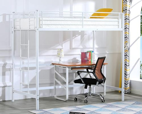 Bonnlo Metal Loft Bed with Stairs and Flat Rung, Junior Bed Full Size High Loft Bed for Kids/Teens/Adults, No Box Spring Required, White Bonnlo