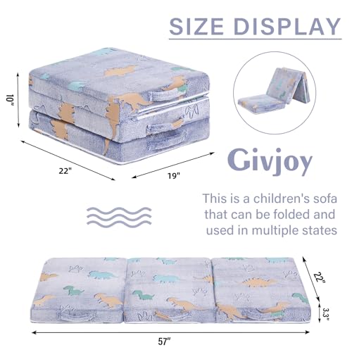 Givjoy Foldable Floor Mattress for Kids, Glow in The Dark Dinosaur Toddler Washable Folding Floor Mat for Nap Daycare, Child Trifold Futon Sofa Bed with Storage Bag for Playroom Girls and Boys Blue Givjoy