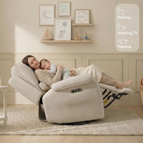 Watson & Whitely Power Recliner Chair W 3-Level LED Night Light, Swivel Glider Nursery Rocking Chair W Lumbar Pillow for Living Room, Oeko-TEX & FSC Certified, Fabric Sand