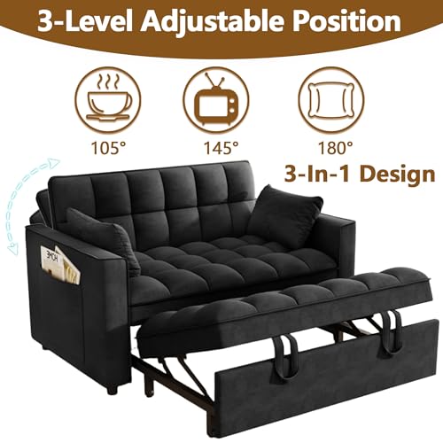 3 in 1 Convertible Sleeper Sofa Bed, 52'' Velvet Pull Out Couch Bed with Comfy Pillows & Adjustable Backrest/Side Pockets,Futon Loveseat Sleeper Sofa for Small Spaces Living Room Bedroom (Black) HRVEOCEI