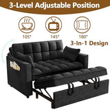 3 in 1 Convertible Sleeper Sofa Bed, 52'' Velvet Pull Out Couch Bed with Comfy Pillows & Adjustable Backrest/Side Pockets,Futon Loveseat Sleeper Sofa for Small Spaces Living Room Bedroom (Black) HRVEOCEI