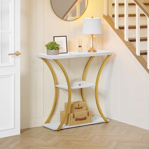 Hoctieon 3 Tier Console Table with Open Wood Shelves, Decorative Entryway Table with Curved Metal Frames, Narrow Sofa Table for Entrance, Living Room, Hallway, Gold and White Marbled Hoctieon