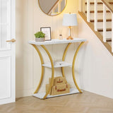 Hoctieon 3 Tier Console Table with Open Wood Shelves, Decorative Entryway Table with Curved Metal Frames, Narrow Sofa Table for Entrance, Living Room, Hallway, Gold and White Marbled Hoctieon