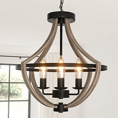 16.5" Farmhouse Light Fixtures Chandelier, 4-Light Rustic Flush Mount Ceiling Light, Modern Faux Wood Light Fixture for Dining Room Kitchen Foyer Hallway Entryway Bedroom Closet Seealle