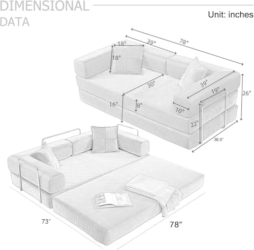 Vanress Convertible Folding Sofa Bed, Modern Futon Sleeper Sofa Fold Out Couch Bed with Gold Fixed Frame, Modular Floor Sofas Comfy Corduroy Boneless Couches for Living Room (78" Green) Vanress