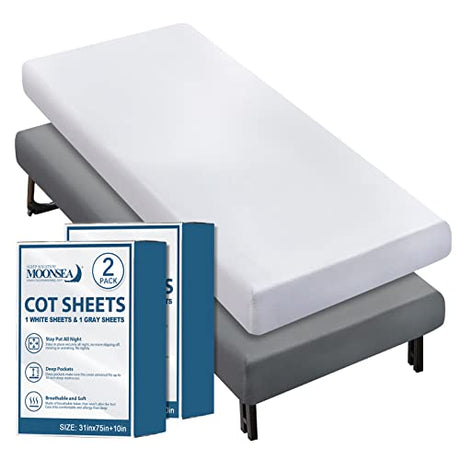 Cot Sheets 31" x 75"(2 Pack), Cot Fitted Sheet Ultra Soft and Breathable Snug Fit for Narrow Twin Mattress/Camp Bunk Beds/RVs Bunk/Guest Beds/Army Cots/Trifold Mattress Grey and White, Cover Only Moonsea