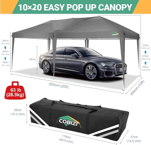 COBIZI 10x20 Pop Up Canopy Tent with 6 Sidewalls Party Tents Waterproof UPF 50+ Commercial Instant Outdoor Events Tent for Parties Markets Backyard, Ropes（10 x 20 ft Gray COBIZI