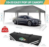 COBIZI 10x20 Pop Up Canopy Tent with 6 Sidewalls Party Tents Waterproof UPF 50+ Commercial Instant Outdoor Events Tent for Parties Markets Backyard, Ropes（10 x 20 ft Gray COBIZI