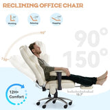 Mvpipi Massage Office Chair with Foot Rest, Ergonomic Executive Heated Office Chair with Reclining Backrest, Adjustable Arms and Lumbar Support, High Back Leather Desk Chairs for Home Office, Beige Mvpipi