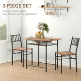 HOMCOM 3-Piece Dining Table Set for 2, Small Kitchen Table and Chairs with Built-in Storage Rack and Steel Frame, for Breakfast Nook and Small Space, Rustic Brown HOMCOM