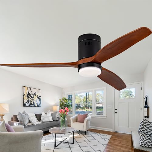 Ceversa 52 Inch Solid Wood Low Profile Ceiling Fan with Light and Remote Control,3 Blades Flush Mount Ceiling Fan Walnut Craftmade Easy Installation for Living Room Bedroom Farmhouse Indoor