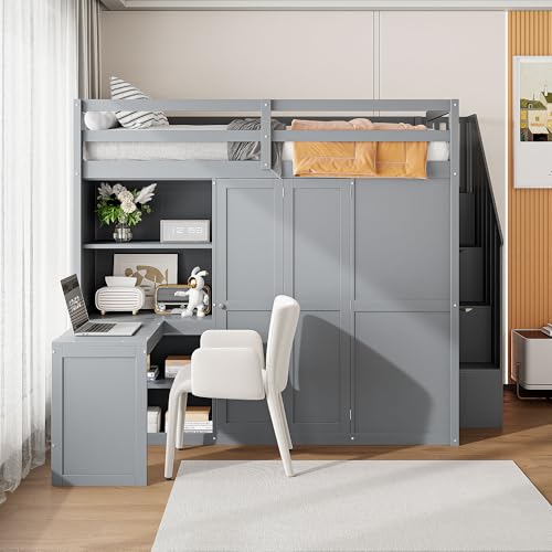 Harper & Bright Designs Full Size Loft Bed with Stairs and Desk, Wood Full Loft Bed with Wardrobe & Storage Shelves, Full Storage Bed for Kids Teens, Gray Harper & Bright Designs