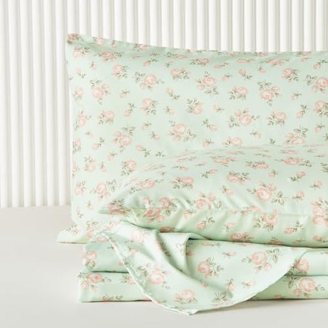 Wake In Cloud - Floral Bed Sheets, 4-Piece Sheet Set, Shabby Chic Flower Rose Pattern Printed Coquette Cottagecore Vintage Aesthetic Bedding, Deep Pocket, Green Pink, Twin Size Wake In Cloud