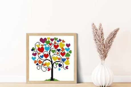 HKLIOPU Stamped Cross Stitch Kits - Love Tree Embroidery Starter Kit for Adult Beginners, 11CT Needlepoint Cross-Stitch Patterns Dimensions Kit Arts and Crafts 13.8X 13.8 inch HKLIOPU