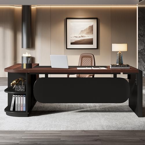 Tribesigns 80'' L-Shaped Desk, Large Executive Office Desk with 55'' Drawers Cabinet, Modern Computer Table with Storage Shelves, Business Furniture for Home Office, Walnut & Black Tribesigns