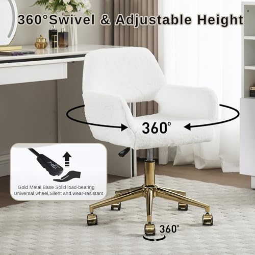 HENGJIANYI Faux Fur Swivel Desk Chair, Modern Fluffy Makeup Vanity Chair, Height Adjustable Armchair with Gold Base, Ergonomic Office Chair with Hollowed Back, White HENGJIANYI