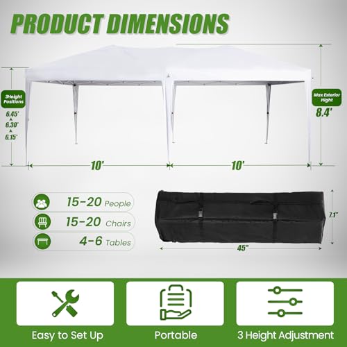 10' x 20' Pop Up Canopy Tent with 6 Removable Sidewall, Commercial Instant Canopy with Carry Bag, Adjustable Outdoor Shelter Tent for Parties, Festival, Event, White Morngardo