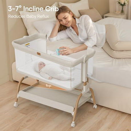 Baby Bassinet Bedside Crib, 3-in-1 Baby Bassinet Bedside Sleeper with Mattress and Soft, Breathable Sheet, Full-Mesh Sides, 6-Height Adjustable, Stable and Secure Crib for Newborns BabyBond