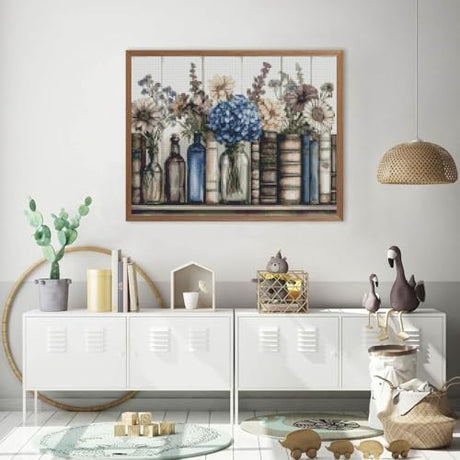 Stamping Cross Stitch Kit Books Flowers, Counting Cross Stitch Kit for Adult Beginners, with Glass Bottles Full Line DIY Cross Stitch Stitching Kit for Home Decor Cross Stitch Patterns 15.7x11.8inches MYBISYMQQ