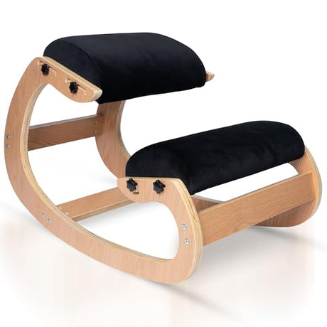 Ecordesk Ergonomic Kneeling Chair, Adjustable Seat - Office Chair for Desk, Posture Corrector, Premium Comfort Cushion, Wooden Rocking Knee Chair (Black) Ecordesk