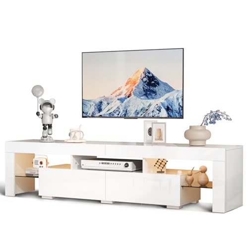 VINGLI LED TV Stand, 71'' Modern Entertainment Center with LED Lights and Storage for 65/70/75/85 Inch TV (White, 71'' x 14'' x 18'')