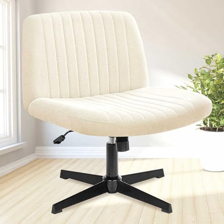 NEO Chair Criss Cross Chair No Wheels Armless Cross Legged Office Desk Wide Comfy Vanity Makeup Chair Adjustable Computer Task for Home Office Fabric (Beige) NEO CHAIR